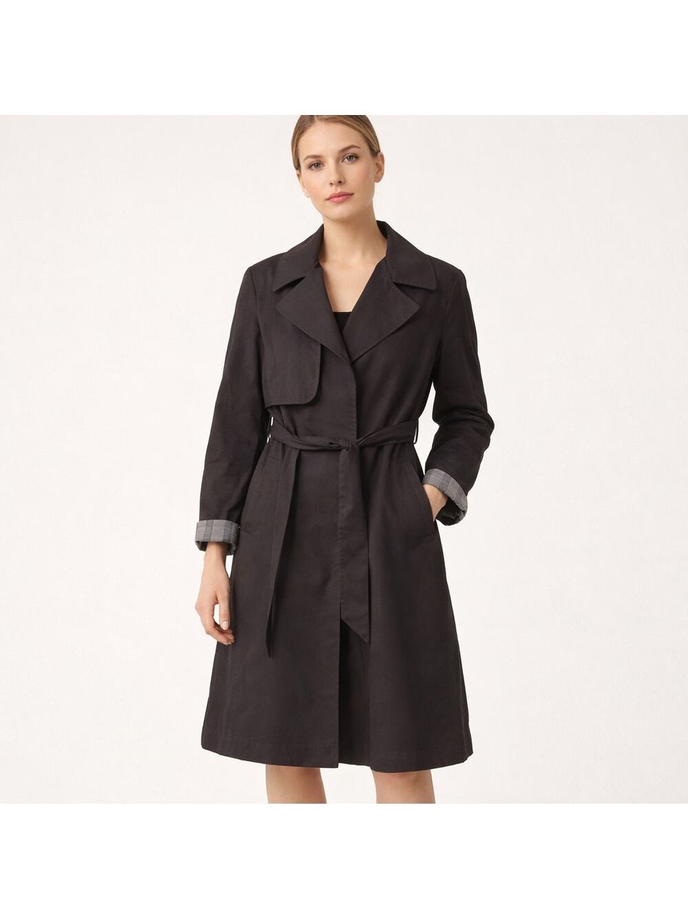 CC Collect Dark Brown Trench coat, Size Medium Plaid Cuffs